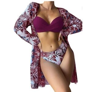 Daznico Long sleeve Swim Cover Maroon Tropical Floral Size S